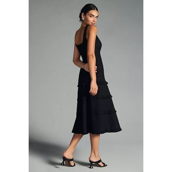 NWT ANTHROPOLOGIE Sz XS THE BLYTHE TIERED MIDI DRESS BLACK - Picture 2 of 4